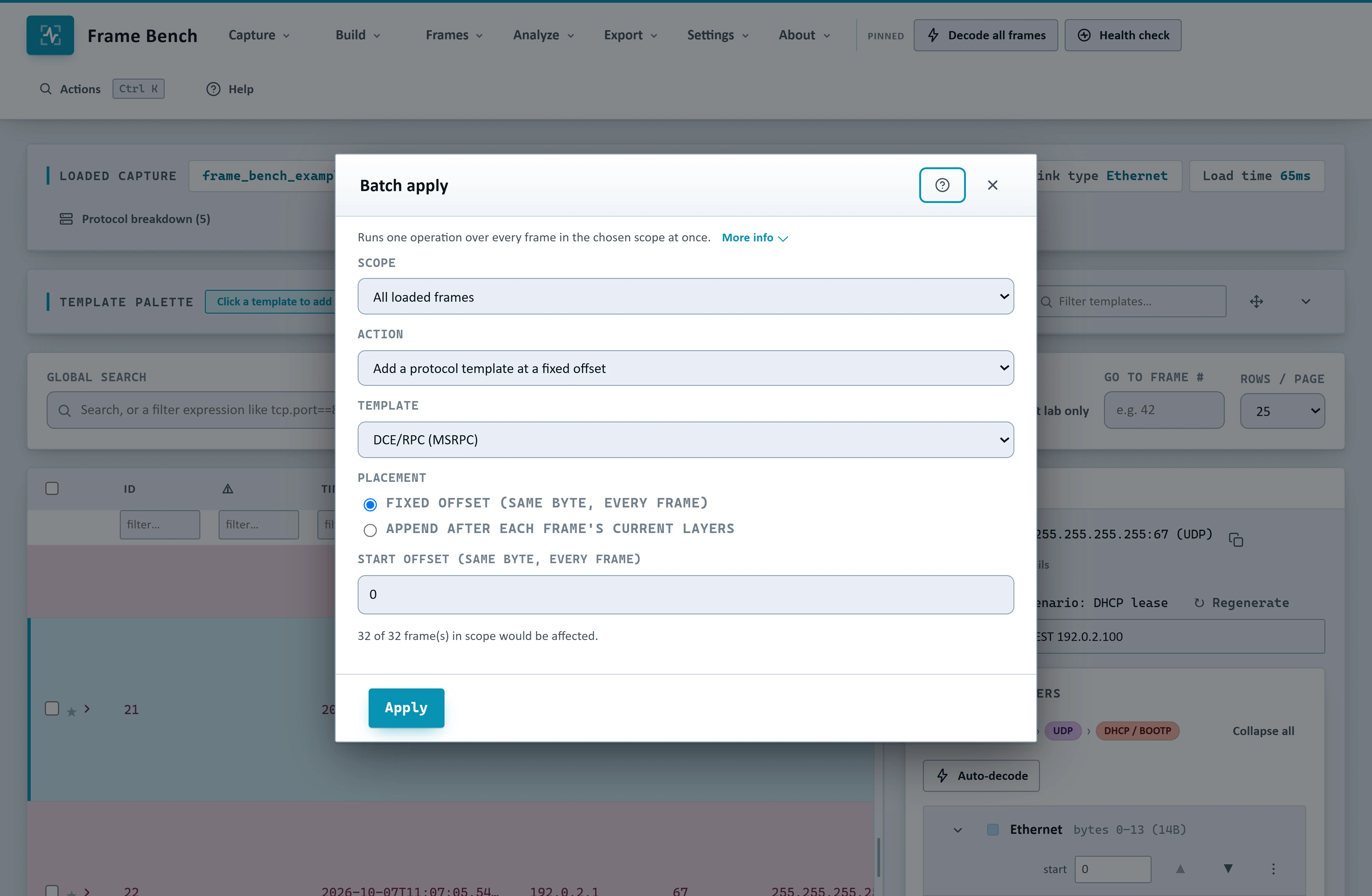 Frame Bench's Batch apply dialog, applying one template across every loaded frame