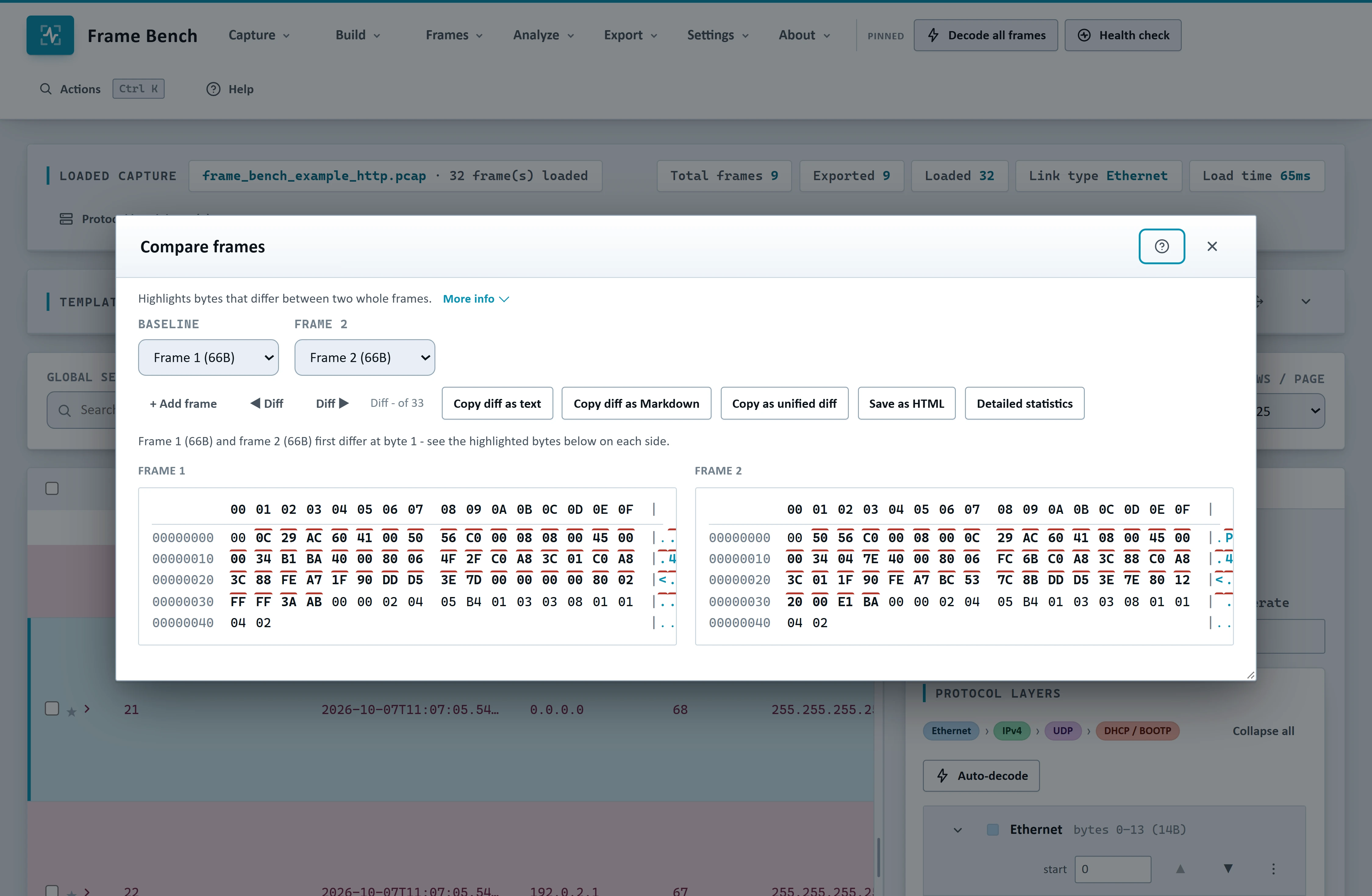 Frame Bench's Compare frames dialog showing a highlighted byte-level diff between two frames