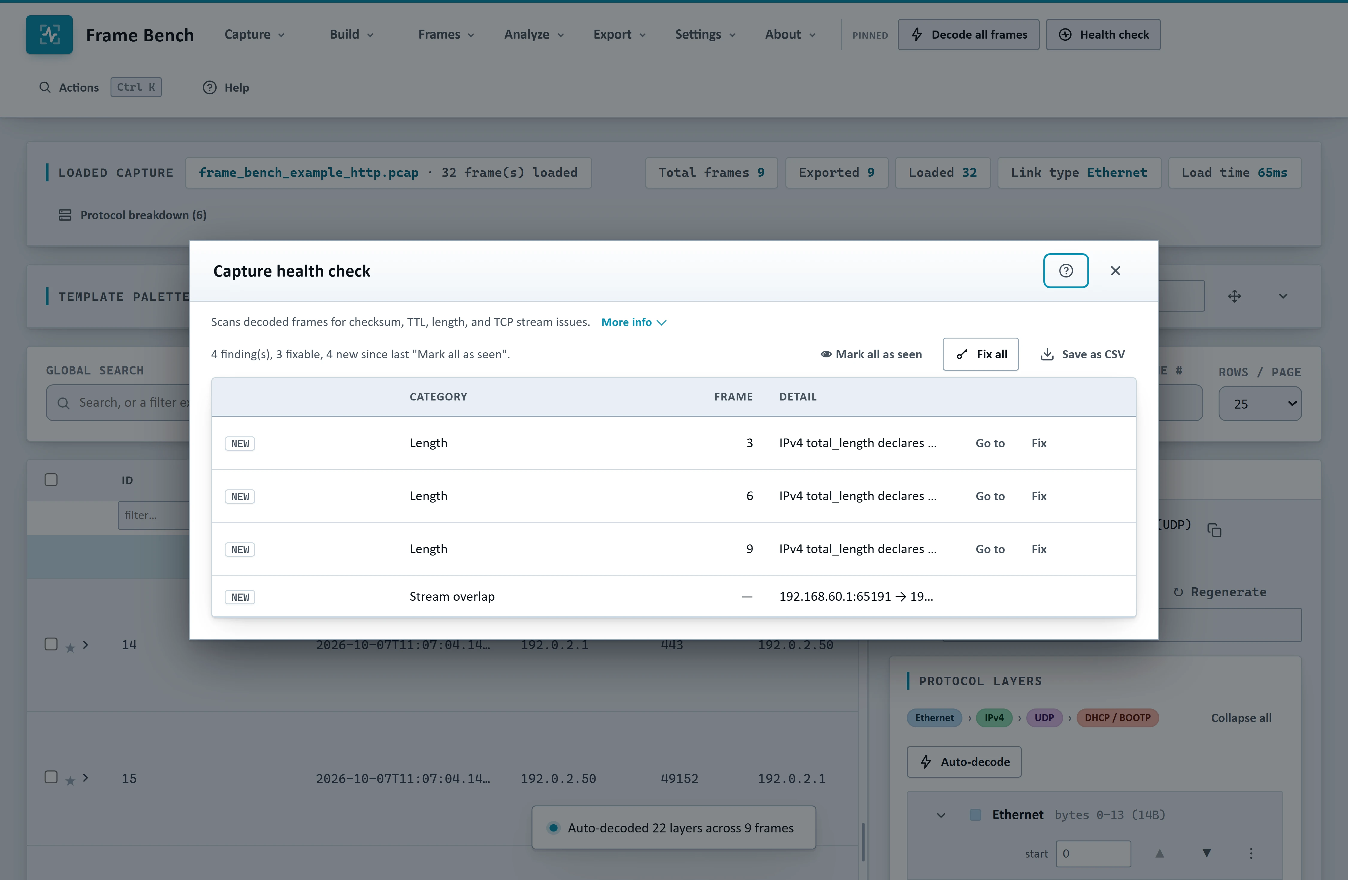 Frame Bench's Capture health check dialog listing three fixable length-mismatch findings