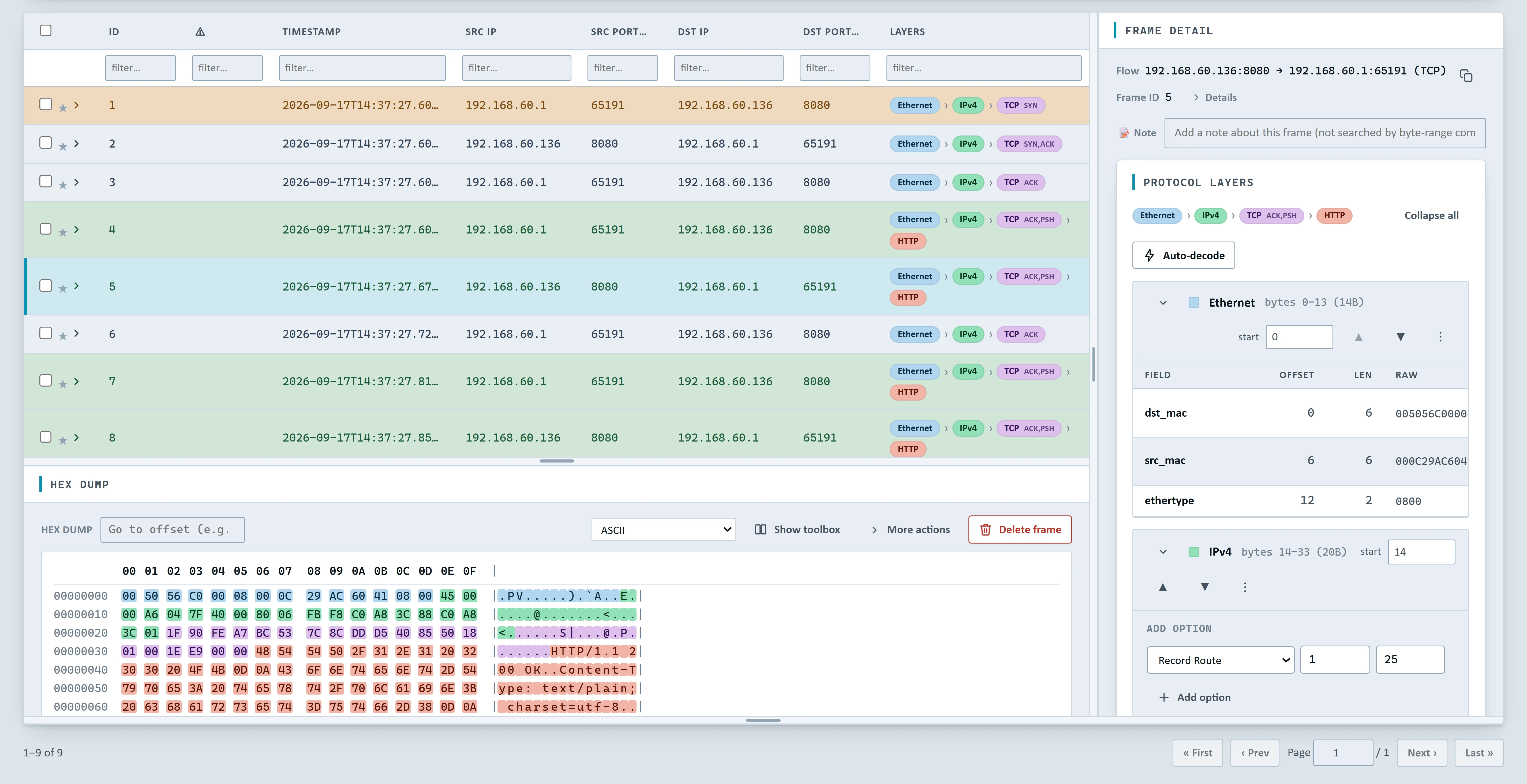 Frame Bench's byte-editable hex dump, color-coded by decoded layer