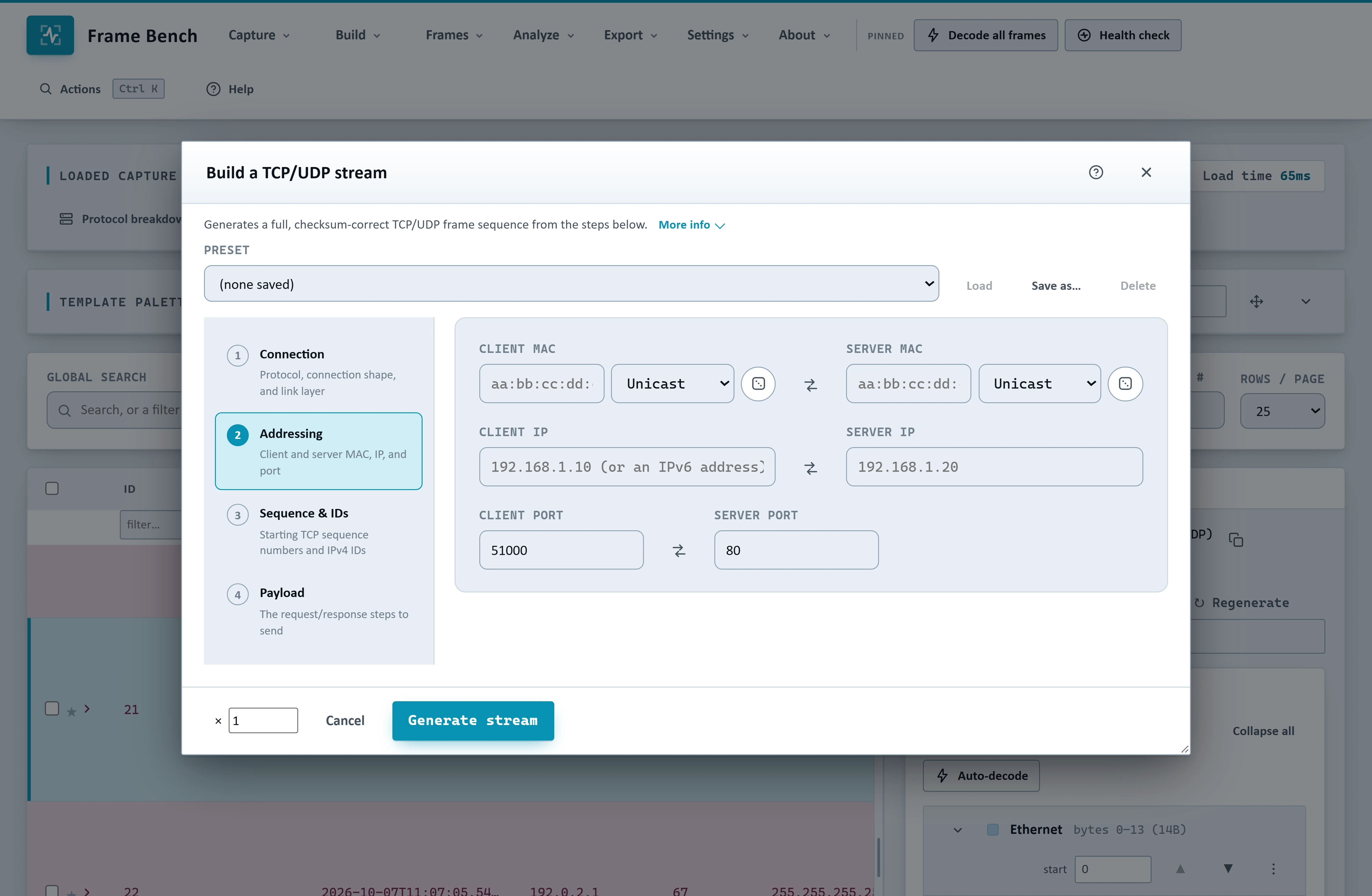 Frame Bench's Build a TCP/UDP stream dialog with aligned client/server MAC and IP fields