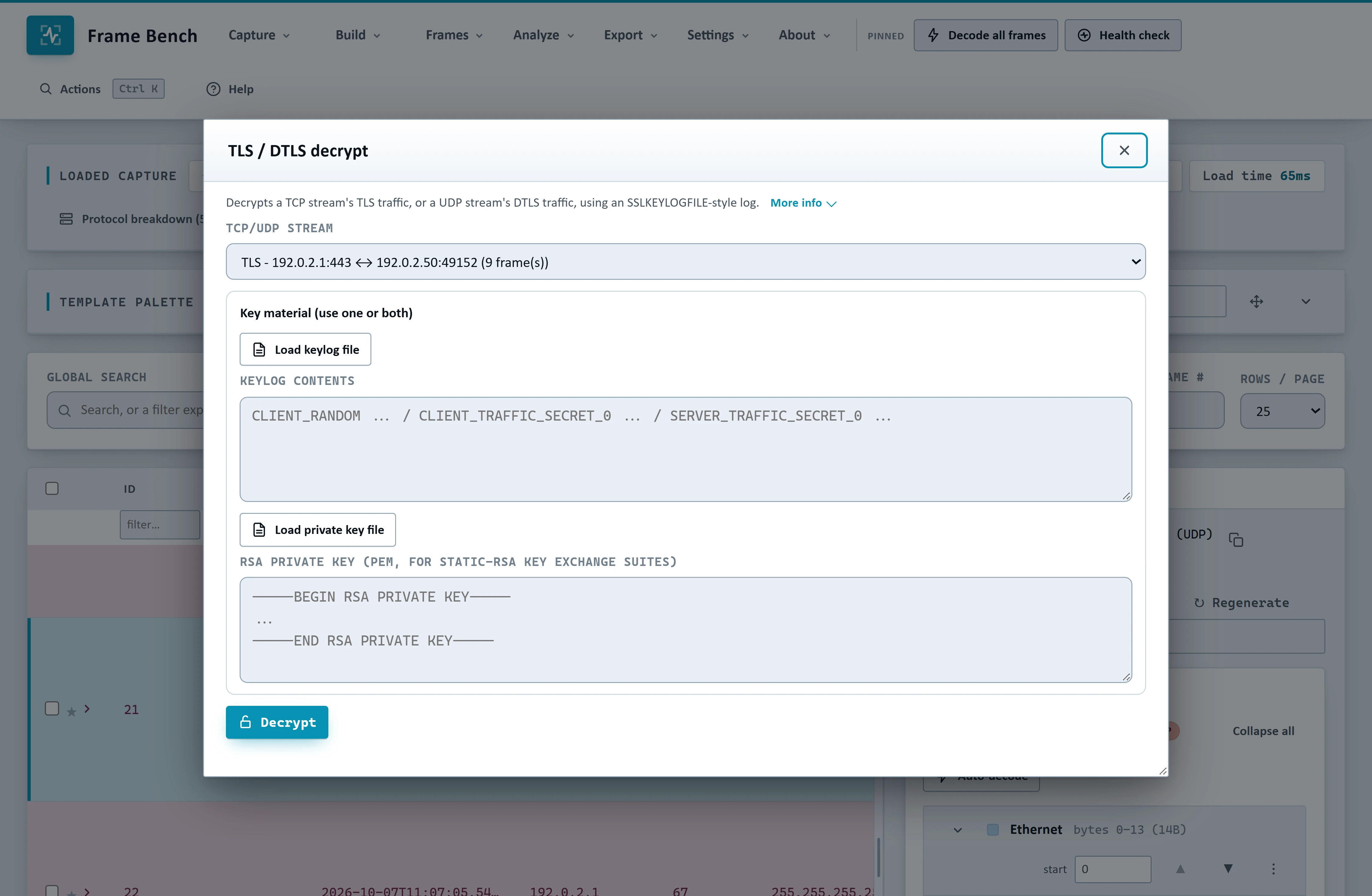 Frame Bench's TLS / DTLS decrypt dialog, with the detected TLS stream pre-selected